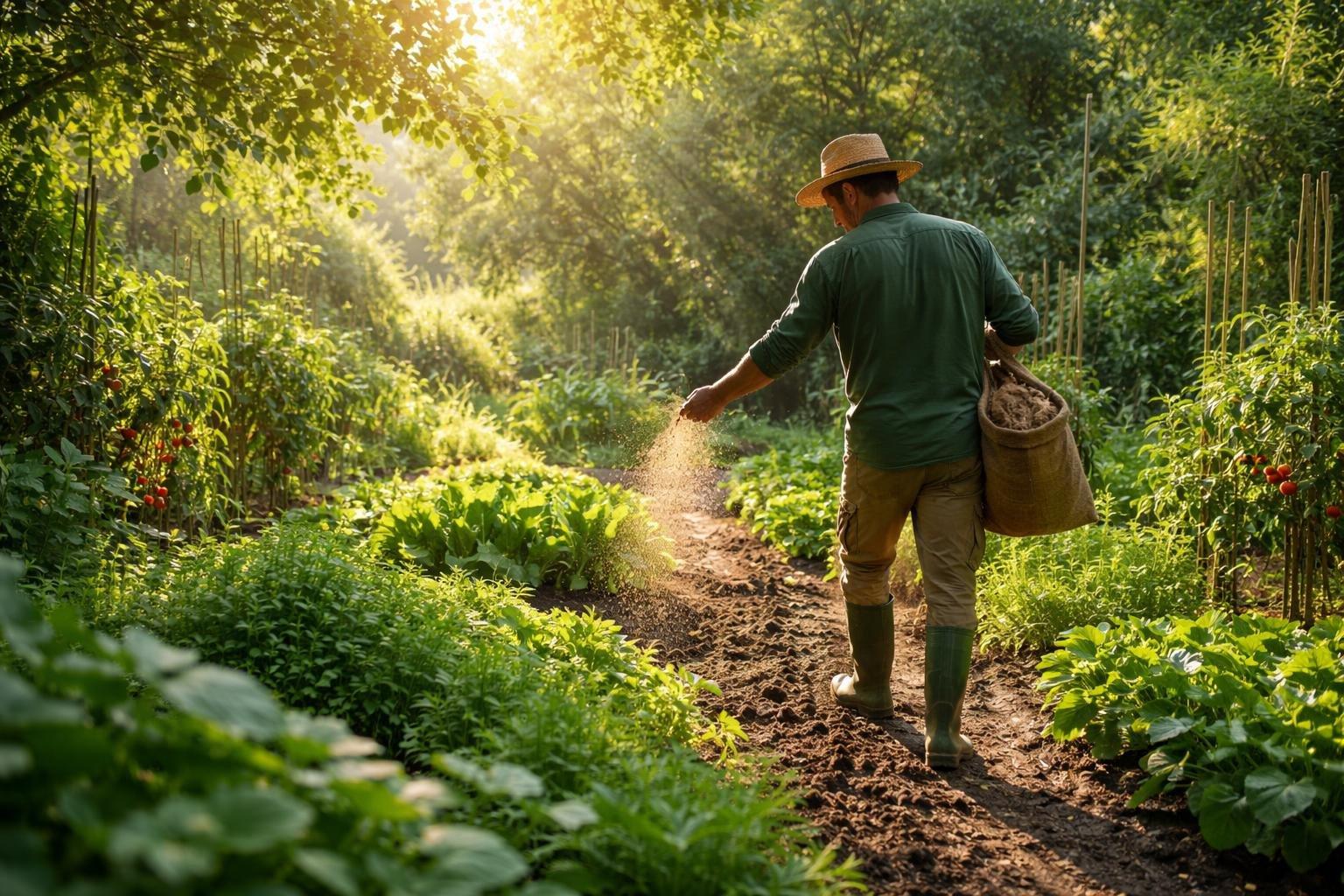 A man tending a lush garden in a warm morning sunlight, representing movent and stewardship in Eden